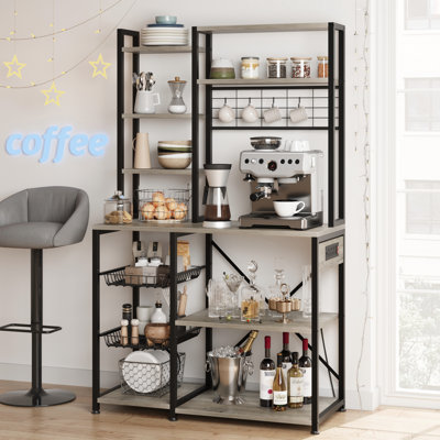 7-Tier Industrial Bakers Rack with Power Outlet with Wire Basket & 4 Hooks, Narrow Microwave Stand Coffee Bar, Open Storage Shelf for Spices/Pots/Appliances (Kitchen/Dining Room/Pantry)