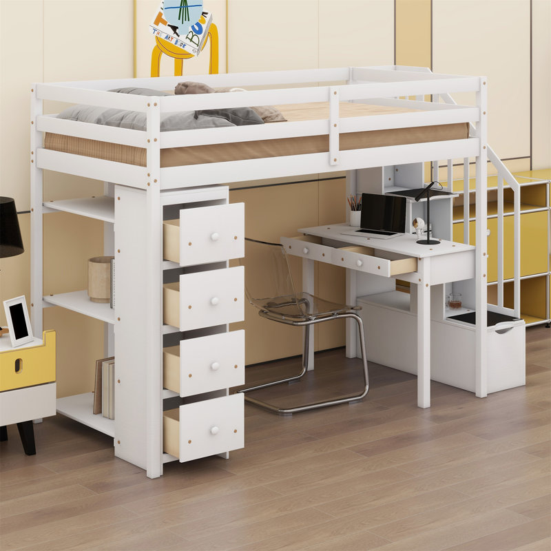 Lit mezzanine avec tiroirs de rangement, bureau et escalier, tablettes, Blanc