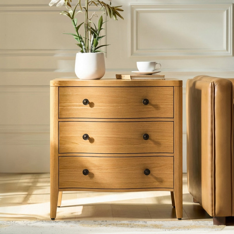 Andrile 27'' W Transitional 3-Drawer Curved End Table with Charging Station and Solid Wood Legs, Brown