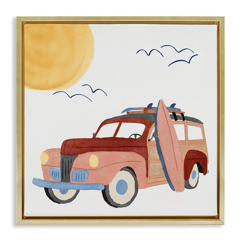 «Summer Surf Wagon» par Carrie Cantwell, Cadre flottant métallique doré, H 18 po x l 18 po