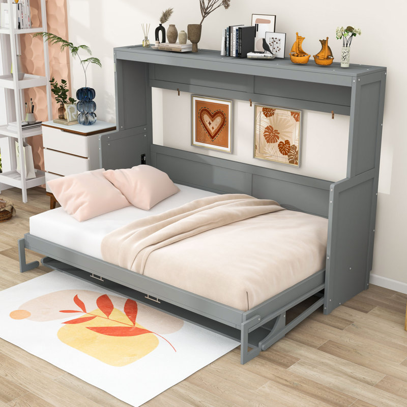 Lit escamotable en bois avec système de levage hydraulique et bureau intégré, gris, Double