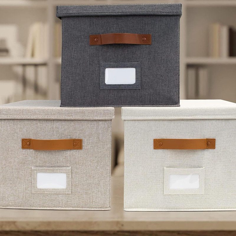 Modern File Organizer Box Set of 2 - Collapsible Linen Filing Cabinets, Fits Documents & Hanging File Folders , Portable Easy Slide File Crates with Lid