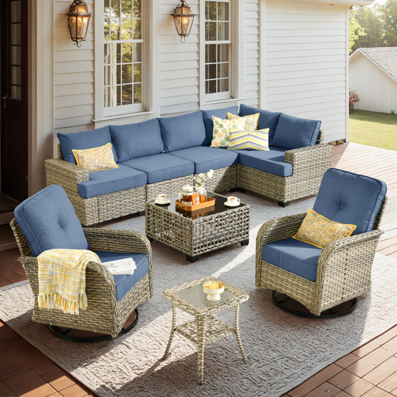 Carolle 7-Piece Modular Outdoor Rattan Seating Set with Cushions, Swivel & Rocking Chairs, Patio Table with Built-In Lights for Deck or Backyard