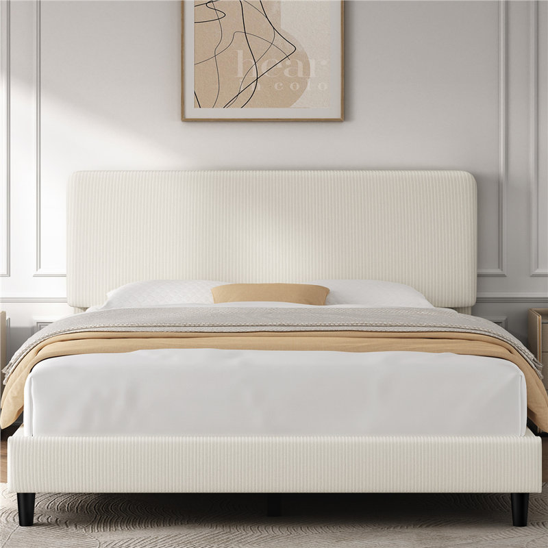 Upholstered Bed Frame with Adjustable Headboard, Full, Beige