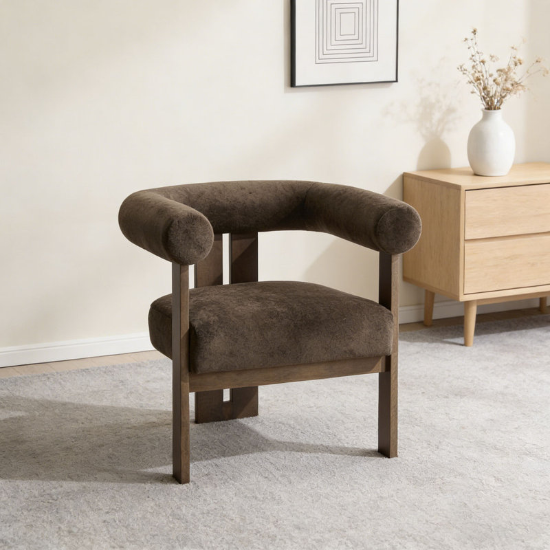 Chaise d'appoint moderne rembourrée avec accoudoirs ronds, Brun foncé, noyer