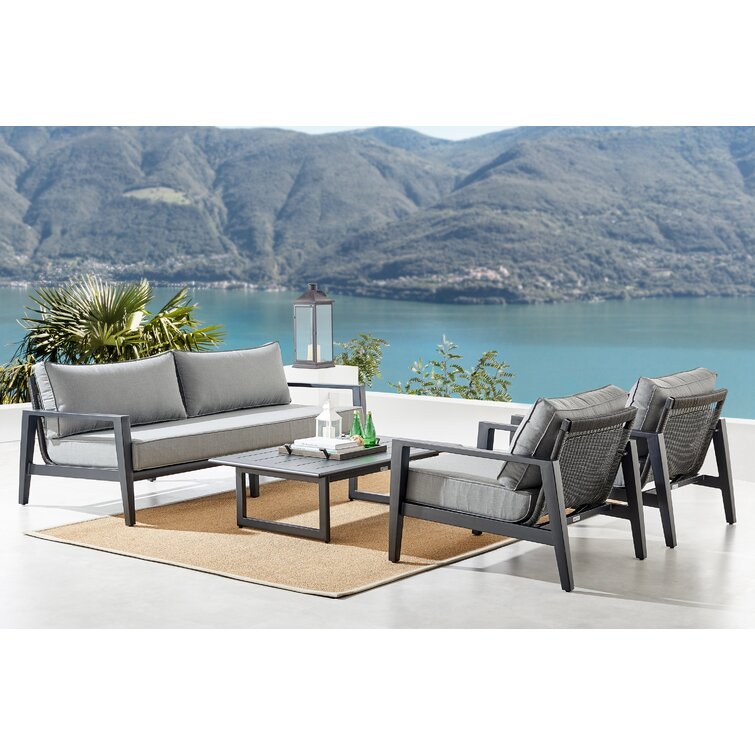 Trosclair 4 Piece Outdoor Seating Set in Black Aluminum with Dark Gray Cushions