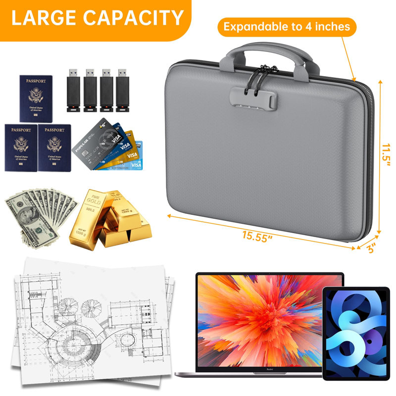 Organisateur de dossiers ignifuge avec serrure, étui rigide, boîte de documents ignifuge avec dossier pour dossiers en accordéon de 13 pochettes, rangement portable sécuritaire pour les documents importants