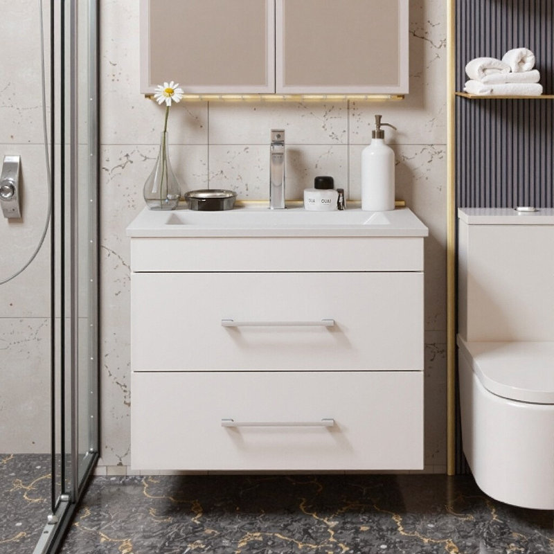Meuble-lavabo flottant blanc brillant avec tiroirs à fermeture en douceur et lavabo en céramique - Conception moderne peu encombrante