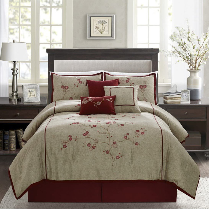 Miki Cherry Blossom Embroidery Comforter Set, Purple/Gray, Queen Comforter + 2 Standard Shams