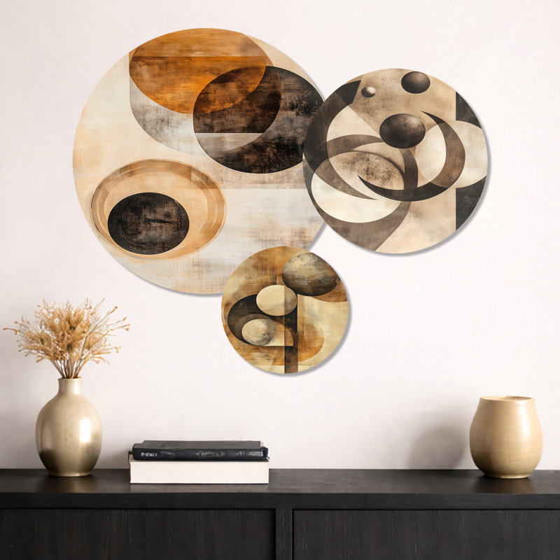 Orbiting Shapes in Sepia Space - formes abstraites brun et orange, ensemble d'art mural en métal 3 pièces
