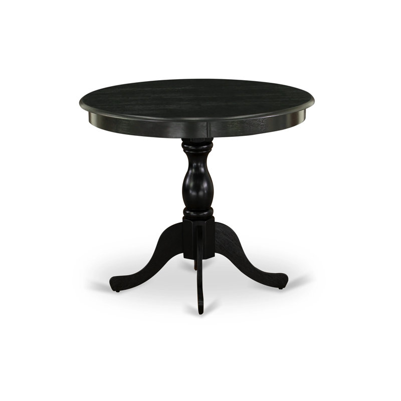 3 Piece Modern Dining Table Set Contains a Round Kitchen Table with Pedestal and 2 Black Color Linen Fabric Upholstered Chairs, Wire brushed Black