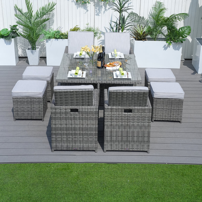 8 - Person Wicker Patio Dining Set with Square Table , Cushions Included, Gray