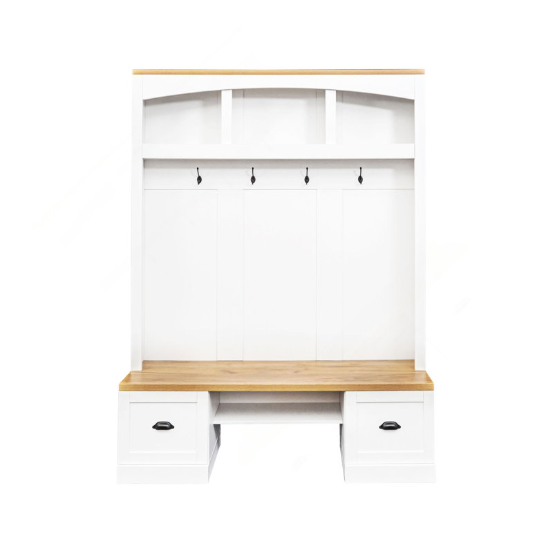 Arbre d'entrée 4 en 1 avec banc à grain de bois, portemanteau, armoires inférieures et tablettes réglables, Blanc