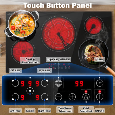 36 Inch Electric Cooktop,5 Burners 9000W Built-In Glass Ceramic Electric Cooktop W/Touch Control,9 Power Levels, Child Lock For Safety And High Efficiency. Ideal For Kitchen Countertops.