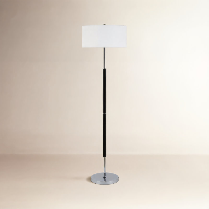 62 Inch Two-Tone Floor Lamp Fabric Drum Shade Matte Black Polished Nickel Contemporary Olie, Matte Black/Polished Nickel