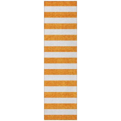 2' X 8' Orange and White Striped Washable Indoor Outdoor Runner Rug