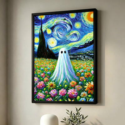 Halloween Ghost in a Field Under a Swirling Starry Night, Framed Canvas Wall Art, White Frame, 16 x 24 Inch