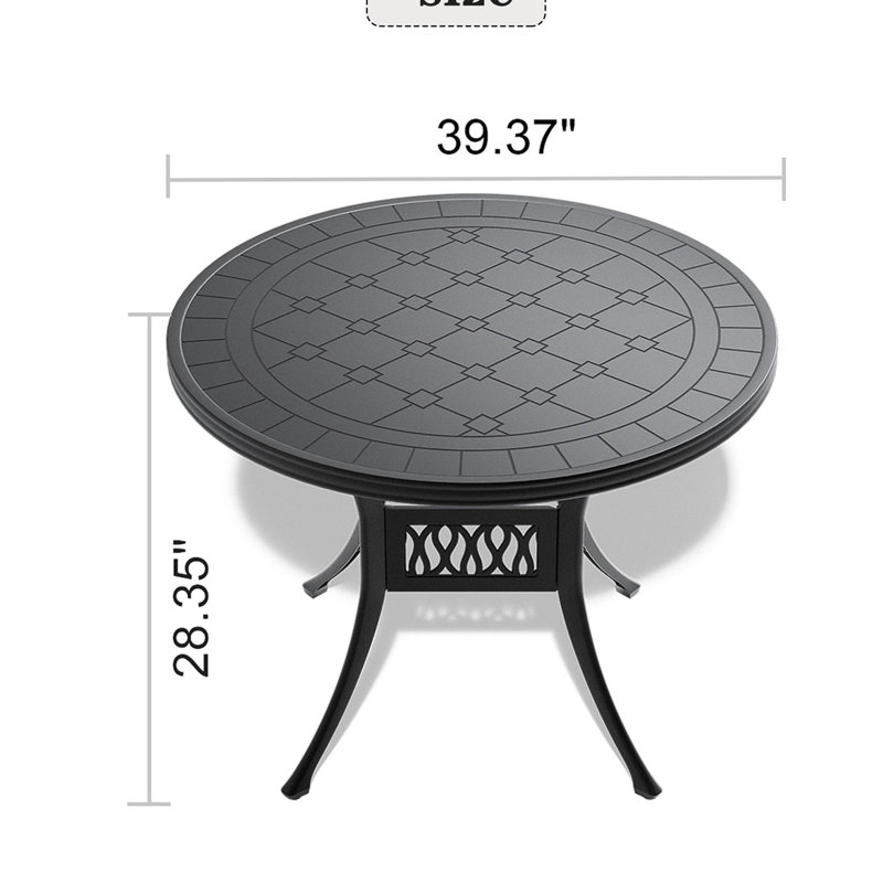 Table de salle à manger 39,48 "en fonte d'aluminium avec structure noire, résistante, confortable, empilable, assise confortable toutes saisons, trou pour parasol, espace