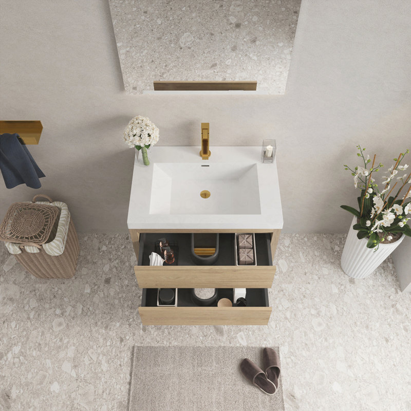 Meuble-lavabo mural 30 po avec lavabo, meuble de rangement flottant avec comptoir en résine de pierre et tiroirs à fermeture en douceur