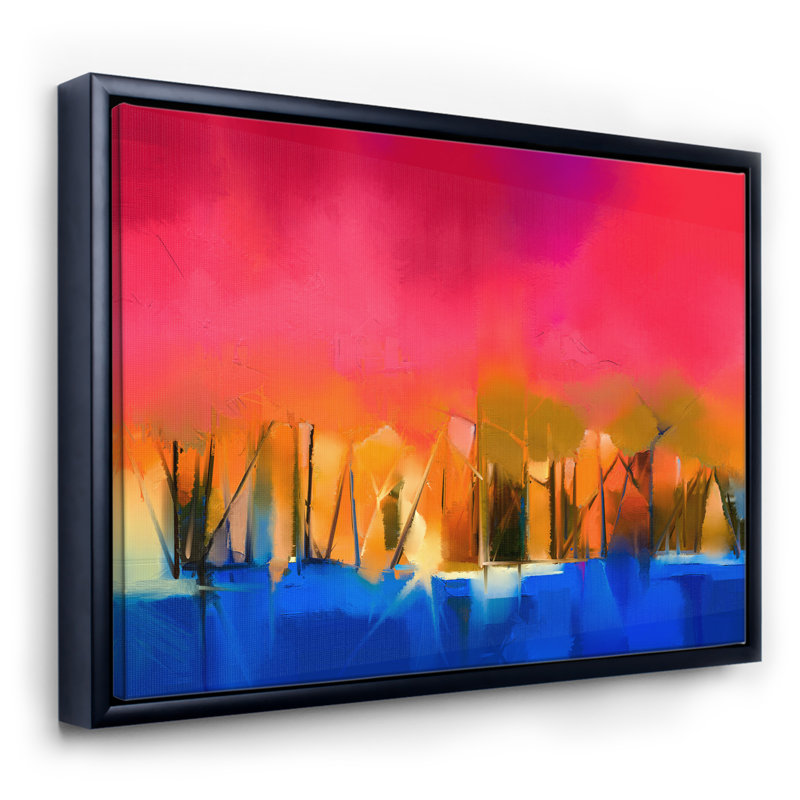 Landscape During Red Sunset Autumn Impression - Print on Canvas, 36" H x 46" W x 1.5" D, Black Framed Canvas