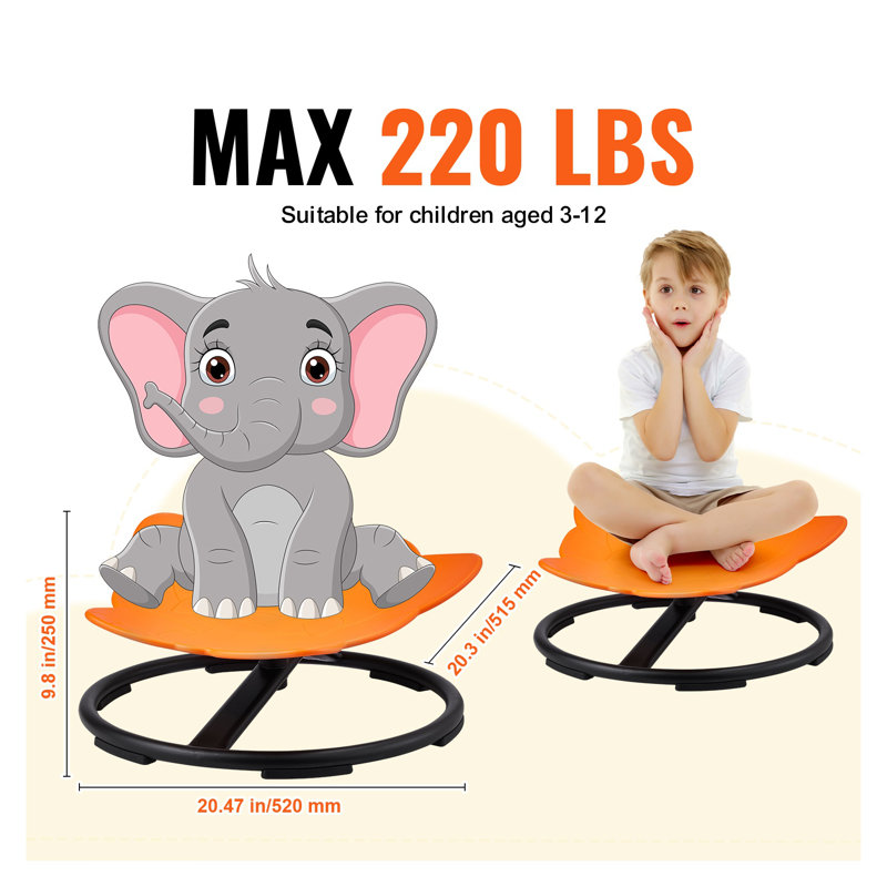 Chaise pivotante pour enfant en éléphant, base en métal et en plastique orange, capacité de 220 lb, rotation à 360 degrés de VEVOR