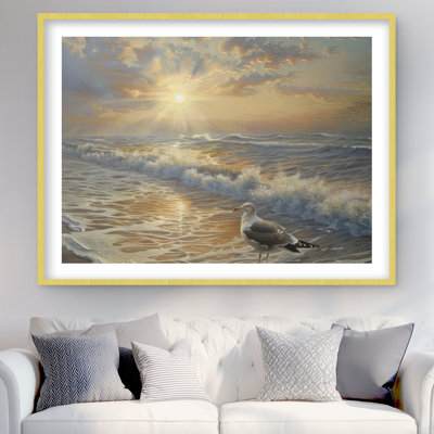 Seagull on the Beach - Gray Framed Matted Print | Home Decor