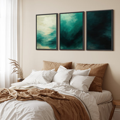 Deep Teal Ocean Depth Gradient Framed Canvas Master Bedroom Wall Art Work 3 Pieces Print
