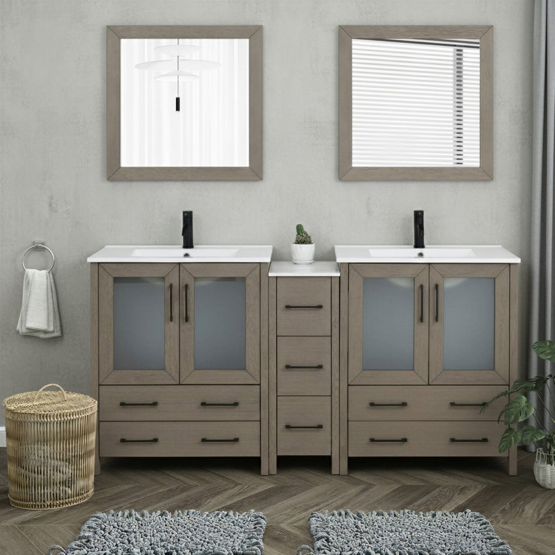 Meuble-lavabo double 72 po avec plateau et miroir, Bois flottant gris