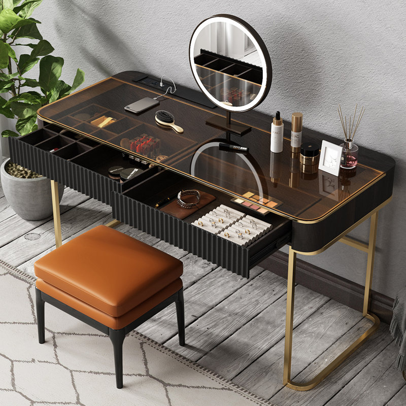 Ensemble de coiffeuse de maquillage de haute qualité, prise de courant, plateau en verre, très facile à assembler, comprend un tabouret de maquillage