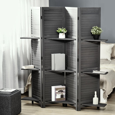 4 Room Privacy Screens Panels, 5.6 Ft Gray For Bedroom & Office With Storage, Rustic Wood Style Divider Storage And Shelves, Screen Office,