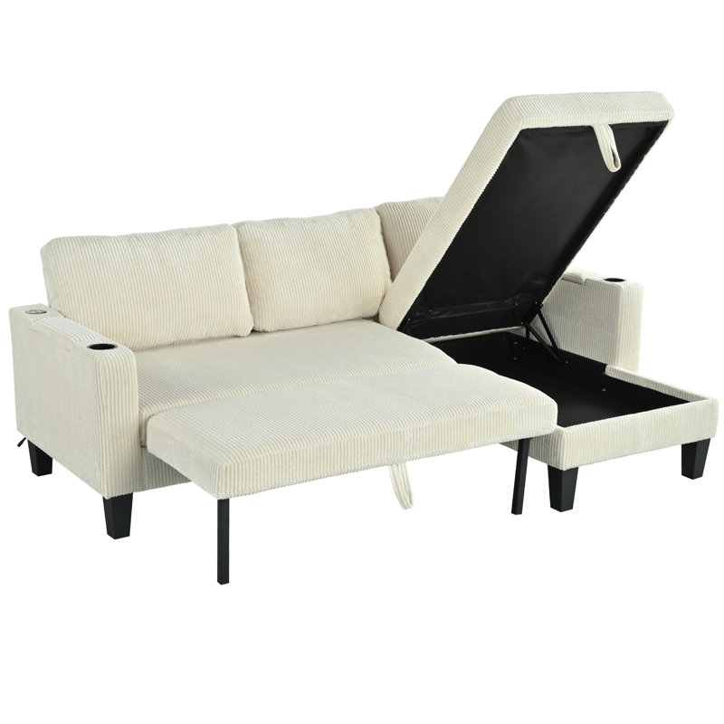 Reversible Sectional Sofa With Storage Chaise, Beige Corduroy