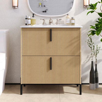 Meuble-lavabo de 30 po avec lavabo en céramique et tiroirs pleine extension, glissières de tiroir à fermeture en douceur, conception cannelée