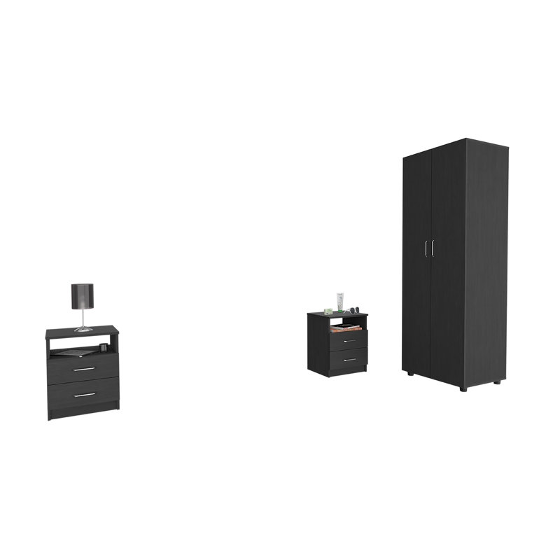 Ensemble de chambre à coucher 3 pièces avec armoire + table de chevet + noire Louise