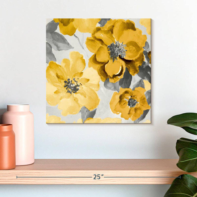 Harnek délicat floral jaune et gris I, H 16 po x l 16 po