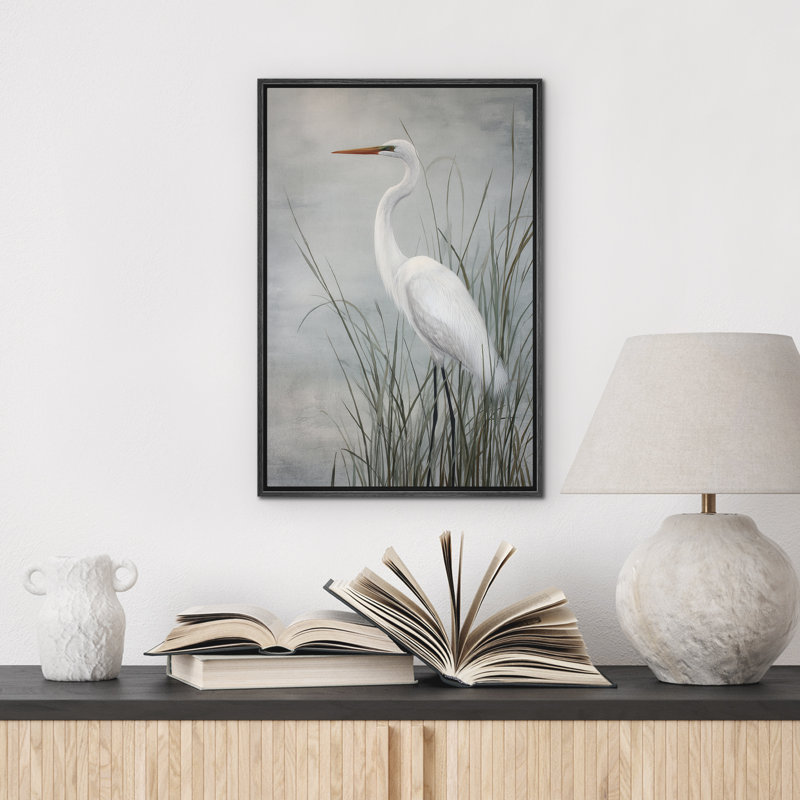 «White Egret in Tall Reeds» par Water, reproduction d'art sur toile encadrée dans la chambre principale, Noir