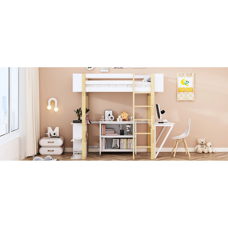 Lit mezzanine simple en blanc avec tiroirs de rangement et bureau d'ordinateur pliable pour une installation à domicile efficace