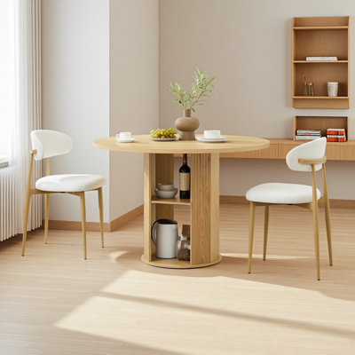 47" Round Dining Table Set For 4 With Storage Base, Modern Farmhouse 3-Piece Kitchen Dining Room Set With 2 Upholstered Chairs, Wood Top & Metal Legs