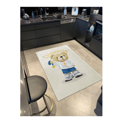 Beige Multi Colour Champion Text Athlete Bear Pattern Modern Decorative Machine Washable Area Rug