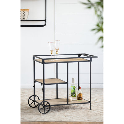 Chariot de bar de 82 x 40 x 68 cm, structure en métal noir et trois élégants rangements en bois