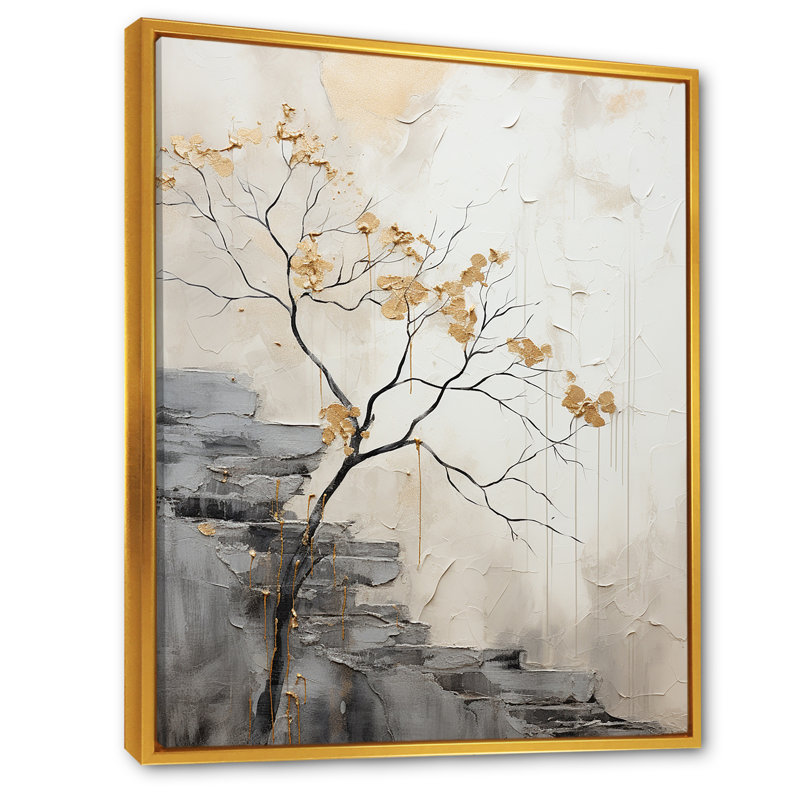 " Minimalism Calm River Forest ", Gold Floater Framed, 32" H x 16" W x 1" D