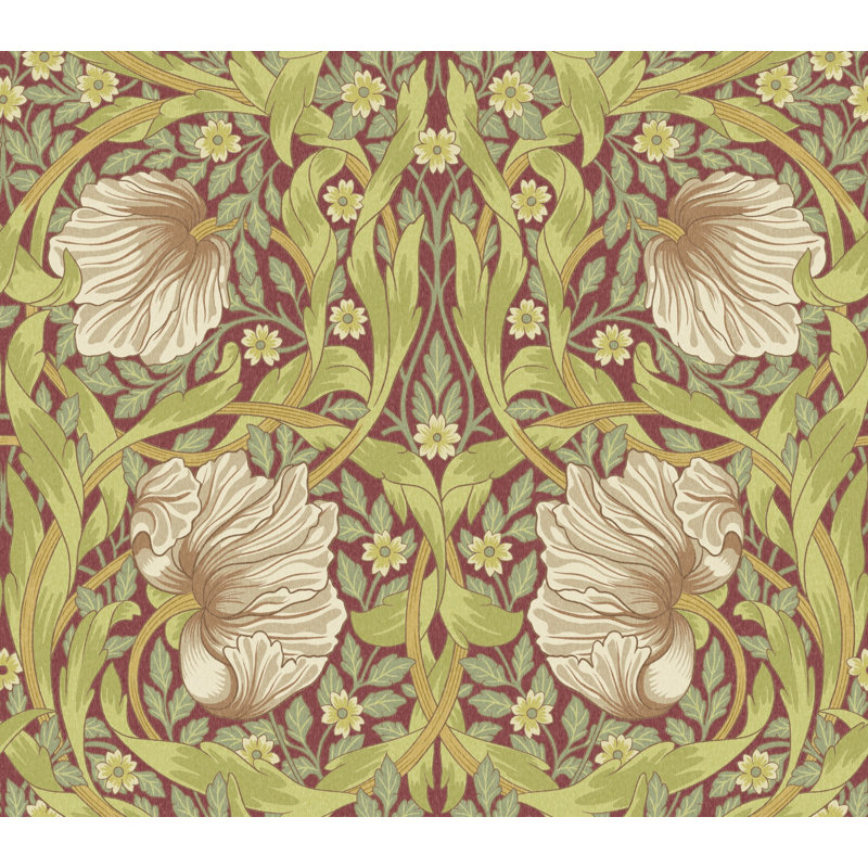 Papier peint vintage avec vignes florales vert sauge et bourgogne, Peler et coller