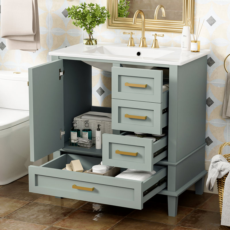 Meuble-lavabo vert 30 po avec lavabo en céramique, portes et tiroirs à fermeture en douceur, Vert sauge