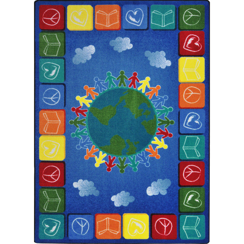 Tapis bleu à motif de livres Peace Love, Rectangle 5 pi 4 po x 7 pi 8 po