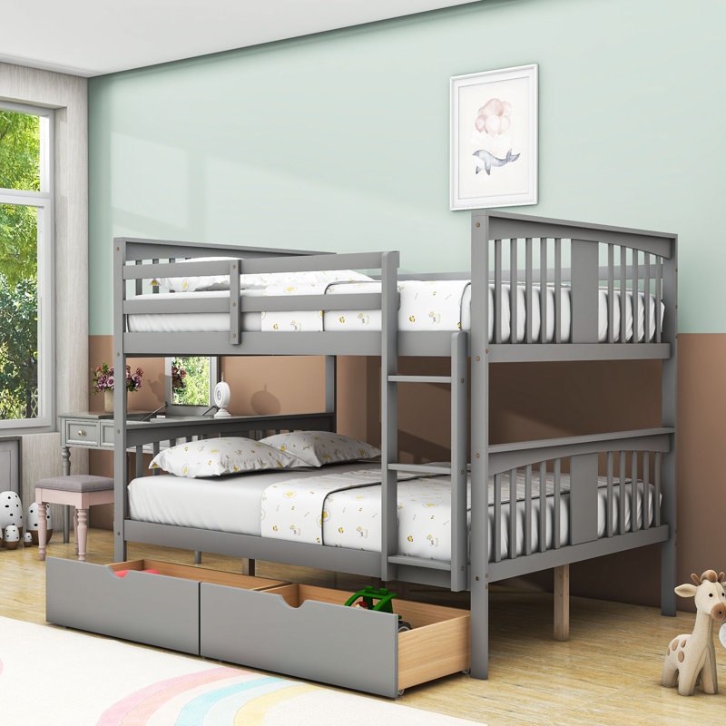 Lit superposé double avec tiroirs de rangement sous le lit et garde-corps, Gris