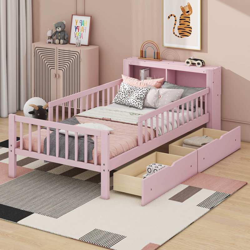 Lit plateforme simple avec garde-corps à 3 côtés et 2 tiroirs sous le lit, Rose