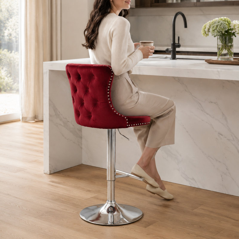Black Velvet Tufted Swivel Bar Stools Adjustable Chrome Base for Kitchen Island, Silver, Burgundy