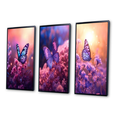 Pink Butterfly Wonderful Sunset III - Animals Butterfly Art Set Of 3 Pieces