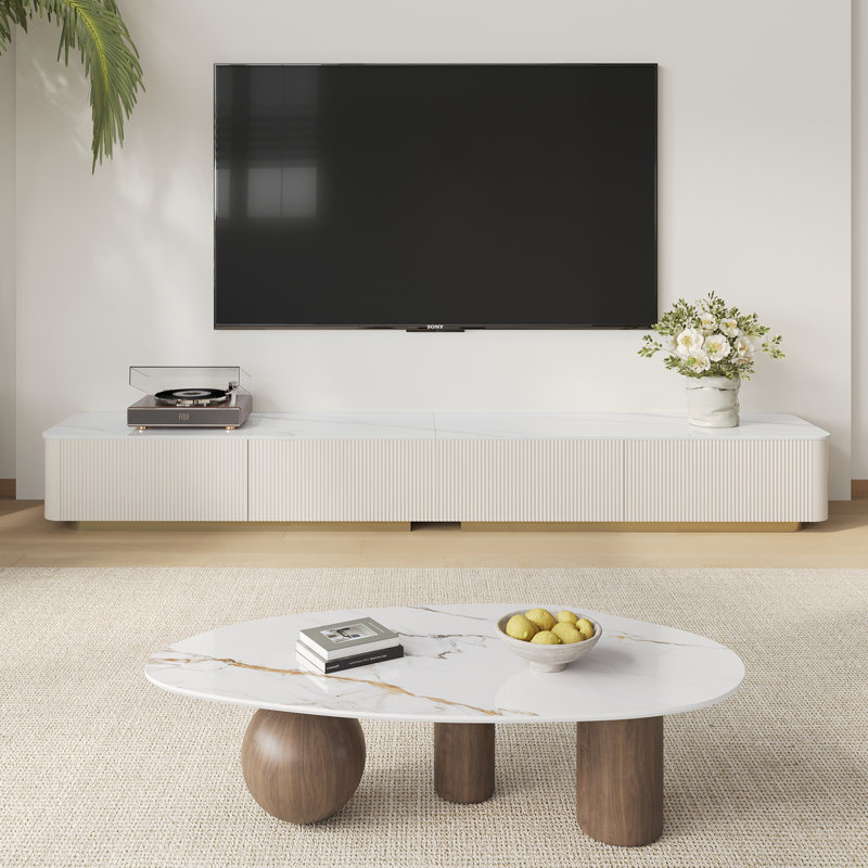 94.5 "beige Tv Stand, 54.3" Oval Coffee Table Set, White Imitation Marble Countertop Media Console, Gold Base, Modern Living Room Furniture Set, Suitable For Large Space Use