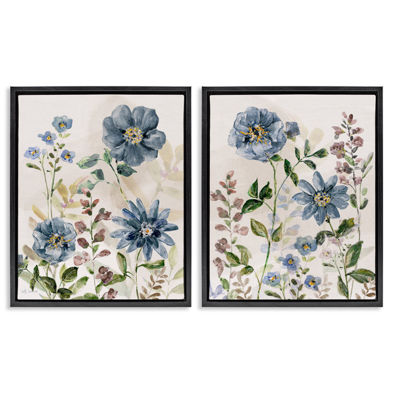 Ensemble de 2 toiles flottantes Blush Blue Flowers, design par Sally Swatland, H 31 po x l 25 po, Cadre flottant noir de jais