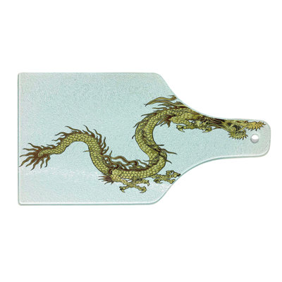 Ambesonne Dragon Tempered Glass Cutting Board Traditional Astrology Art Yellow and White